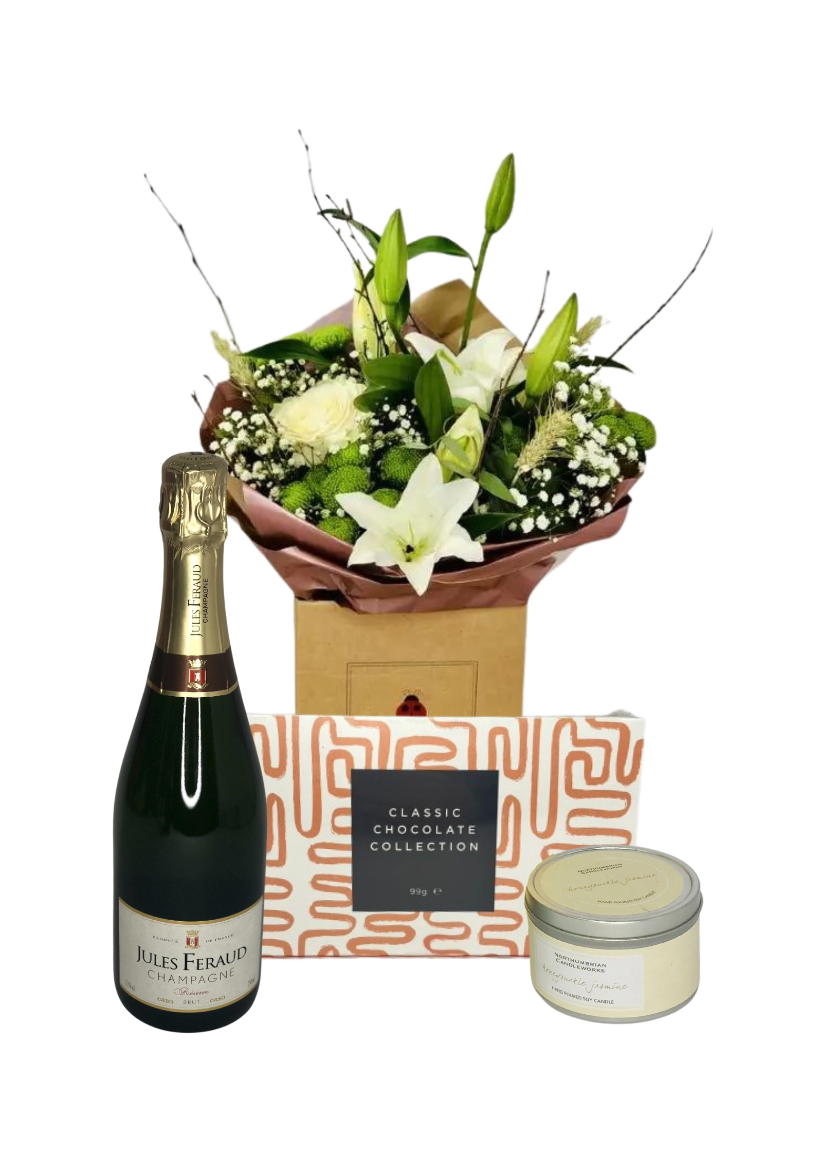 <h2>Congratulations Flowers Champagne and Scented Candle Gift Set</h2>
<br>
<ul>
<li>Approximate Dimensions of Bouquet: 50cm x 30cm</li>
<li>Flowers arranged by hand and gift wrapped in our signature eco-friendly packaging and finished off with a hidden wooden ladybird</li>
<li>To give you the best occasionally we may make substitutes</li>
<li>Our flowers backed by our 7 days freshness guarantee</li>
<li>For delivery area coverage see below</li>
</ul>
<br>
<h2>Flower Delivery Coverage</h2>
<p>Our shop delivers flowers to the following Liverpool postcodes L1 L2 L3 L4 L5 L6 L7 L8 L11 L12 L13 L14 L15 L16 L17 L18 L19 L24 L25 L26 L27 L36 L70 If your order is for an area outside of these we can organise delivery for you through our network of florists. We will ask them to make as close as possible to the image but because of the difference in stock and sundry items it may not be exact.</p>
<br>
<h2>Hand-tied Bouquet | Gift Set</h2>
<p>This Gift Set contains a beautiful white and green bouquet of flowers, which is hand-arranged by our professional florists, together with a bottle of Jules Feraud Champagne and an eco-friendly soy scented candle in Vanilla and Orange which comes in a stylish tin. This is a delightful gift for someone celebrating any occasion.</p>
<p>Handtied bouquets are a lovely display of fresh flowers that have the wow factor. The advantage of having a bouquet made this way is that they are artfully arranged by our florists and tied so that they stay in the display.</p>
<p>They are then gift wrapped and aqua packed in a water bubble so that at no point are the flowers out of water. This means they look their very best on the day they arrive and continue to delight for days after.</p>
<p>Being delivered in a transporter box and in water means the recipient does not need to put the flowers in a vase straight away they can just put them down and enjoy.</p>
<p>Bouquet features 2 white oriental, 5 white roses, and 2 white lisianthus, together with mixed seasonal foliage including eucalyptus.</p>
<br>
<h2>Eco-Friendly Liverpool Florists</h2>
<p>As florists we feel very close earth and want to protect it. Plastic waste is a huge problem in the florist industry so we made the decision to make our packaging eco-friendly.</p>
<p>To achieve this we worked with our packaging supplier to remove the lamination off our boxes and wrap the tops in an Eco Flowerwrap which means it easily compostable or can be fully recycled.</p>
<p>Once you have finished enjoying your flowers from us they will go back into growing more flowers! Only a small amount of plastic is used as a water bubble and this is biodegradable.</p>
<p>Even the sachet of flower food included with your bouquet is compostable.</p>
<p>All our bouquets have small wooden ladybird hidden amongst them so do not forget to spot the ladybird and post a picture on our social media pages to enter our rolling competition.</p>
<br>
<h2>Flowers Guaranteed for 7 Days</h2>
<p>Our 7-day freshness guarantee should give you confidence that we will only send out good quality flowers.</p>
<p>Leave it in our hands we will create a marvellous bouquet which will not only look good on arrival but will continue to delight as the flowers bloom.</p>
<br>
<h2>Liverpool Flower Delivery</h2>
<p>We are open 7 days a week and offer advanced booking flower delivery same-day flower delivery 3-hour flower delivery. Guaranteed AM PM or Evening Flower Delivery and also offer Sunday Flower Delivery.</p>
<p>Our florists deliver in Liverpool and can provide flowers for you in Liverpool Merseyside. And through our network of florists can organise flower deliveries for you nationwide.</p>
<br>
<h2>The Best Florist in Liverpool your local Liverpool Flower Shop</h2>
<p>Come to Booker Flowers and Gifts Liverpool for your beautiful flowers and plants. For that bit of extra luxury we also offer a lovely range of finishing touches such as wines champagne locally crafted Gin and Rum Vases Scented Candles and Chocolates that can be delivered with your flowers.</p>
<p>To see the full range see our extras section.</p>
<p>You can trust Booker Flowers and Gifts of delivery the very best for you.</p>
<p><br /><br /></p>
<p><em>5 Star review on Yell.com</em></p>
<br>
<p><em>Thank you Gemma for your fabulous service. The flowers are of the highest quality and delivered with a warm smile. My sister was delighted. Ordering was simple and the communications were top-notch. I will definitely use your services again.</em></p>